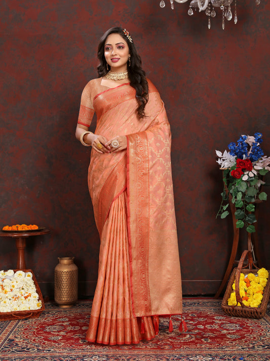 Vsaree Orange Silk Blend Saree With Flower Design Border And Blouse