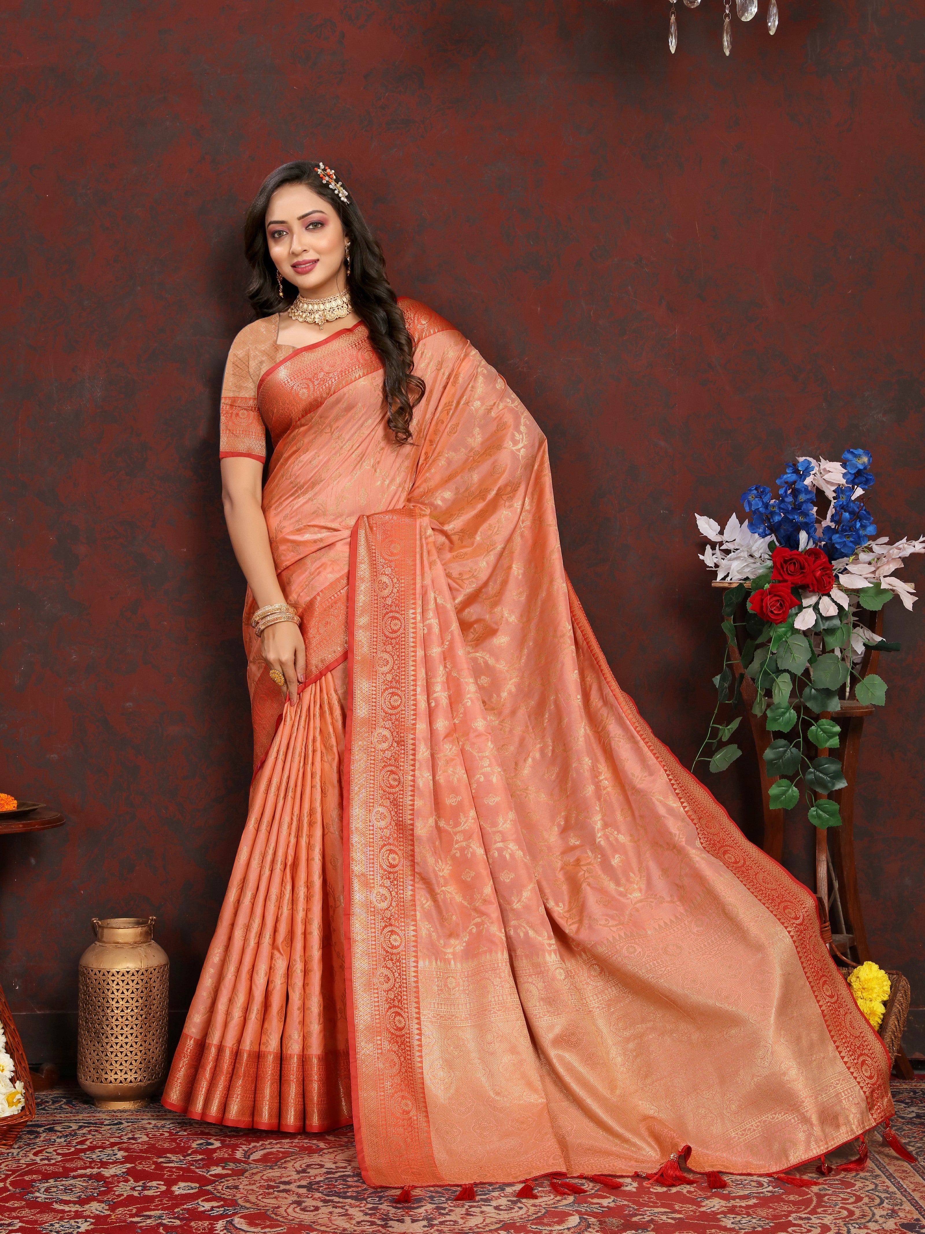 Vsaree Orange Silk Blend Saree With Flower Design Border And Blouse