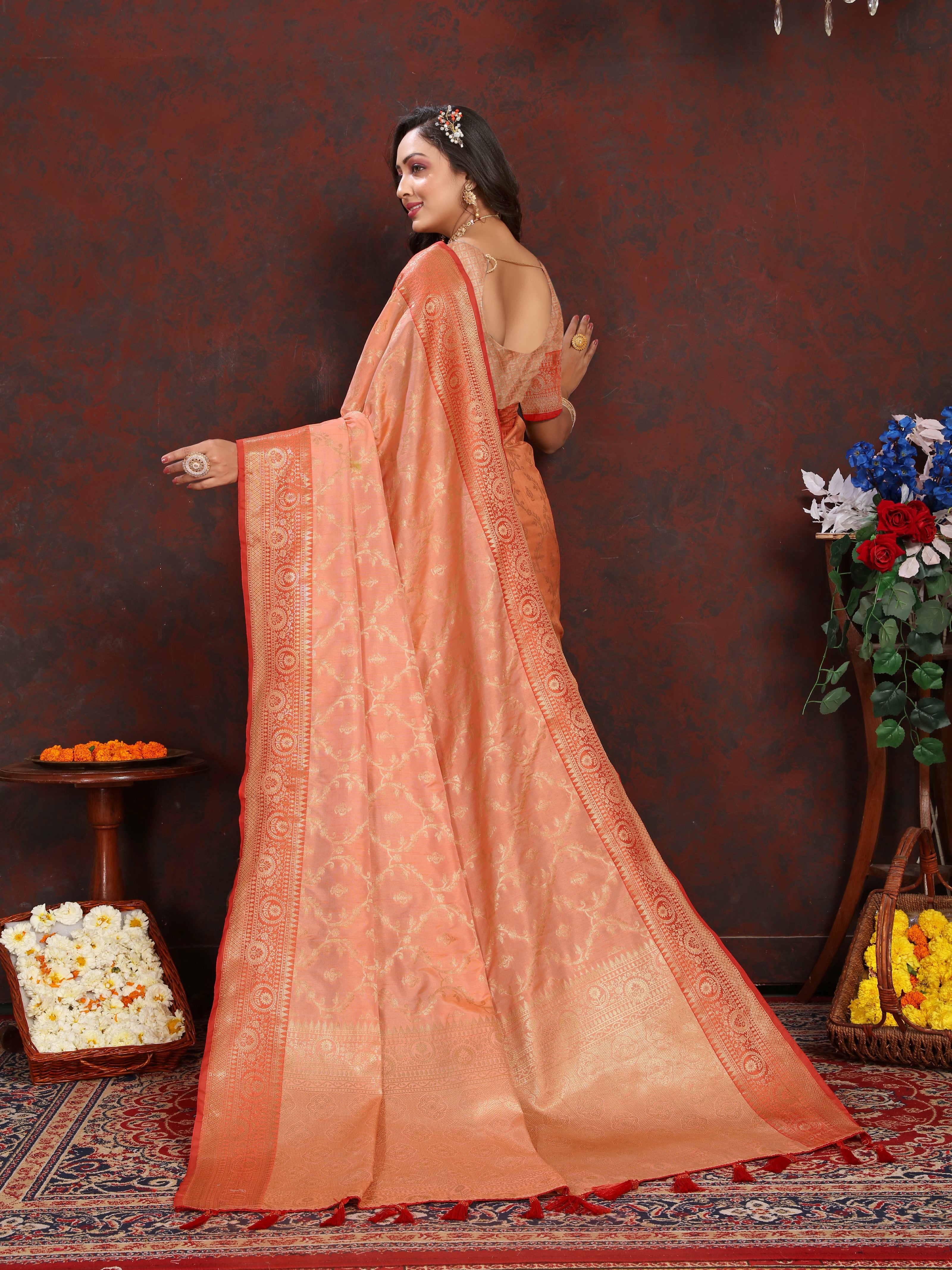 Vsaree Orange Silk Blend Saree With Flower Design Border And Blouse