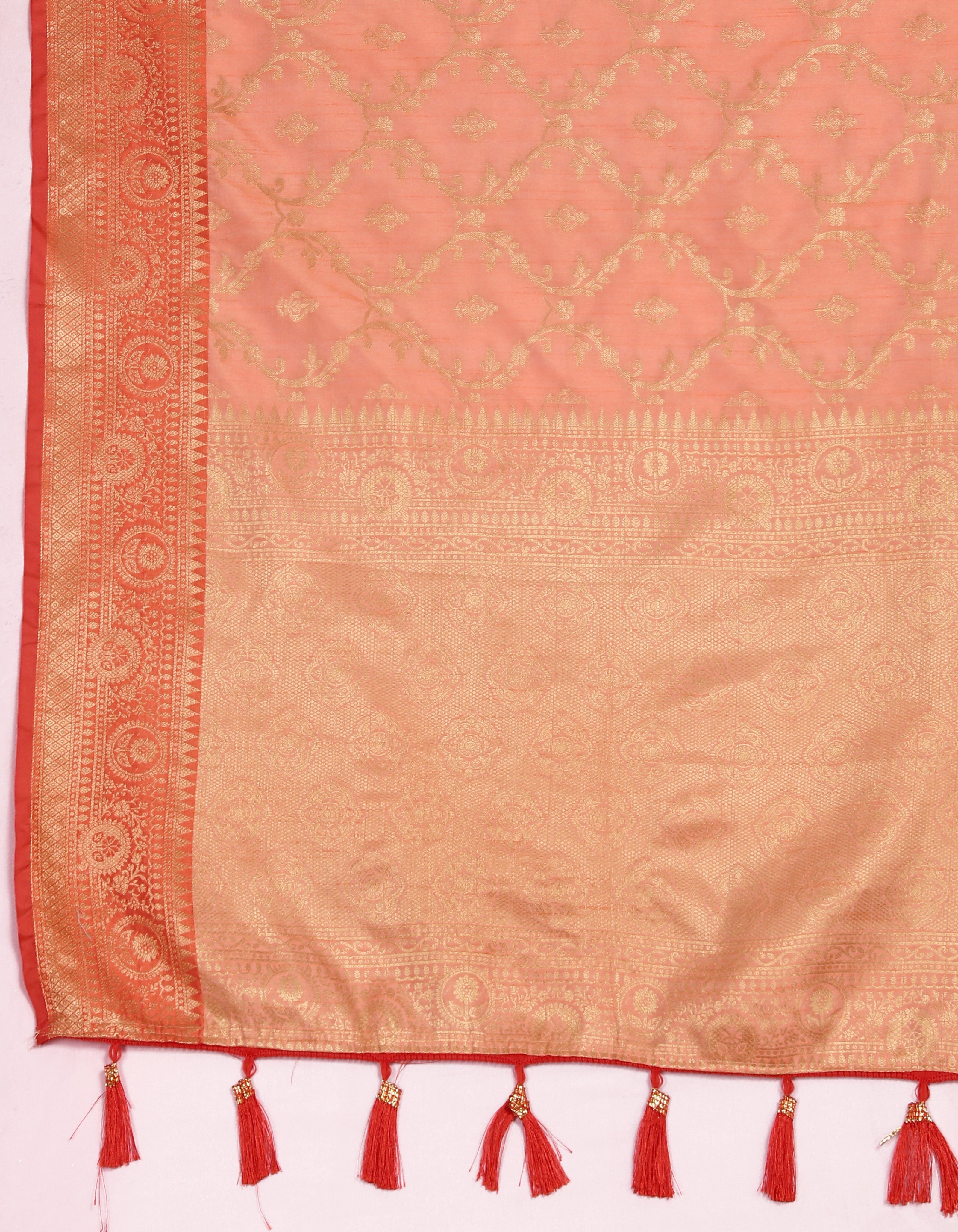 Vsaree Orange Silk Blend Saree With Flower Design Border And Blouse