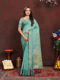 Vsaree Teal Silk Blend Saree With Flower Design Border And Blouse