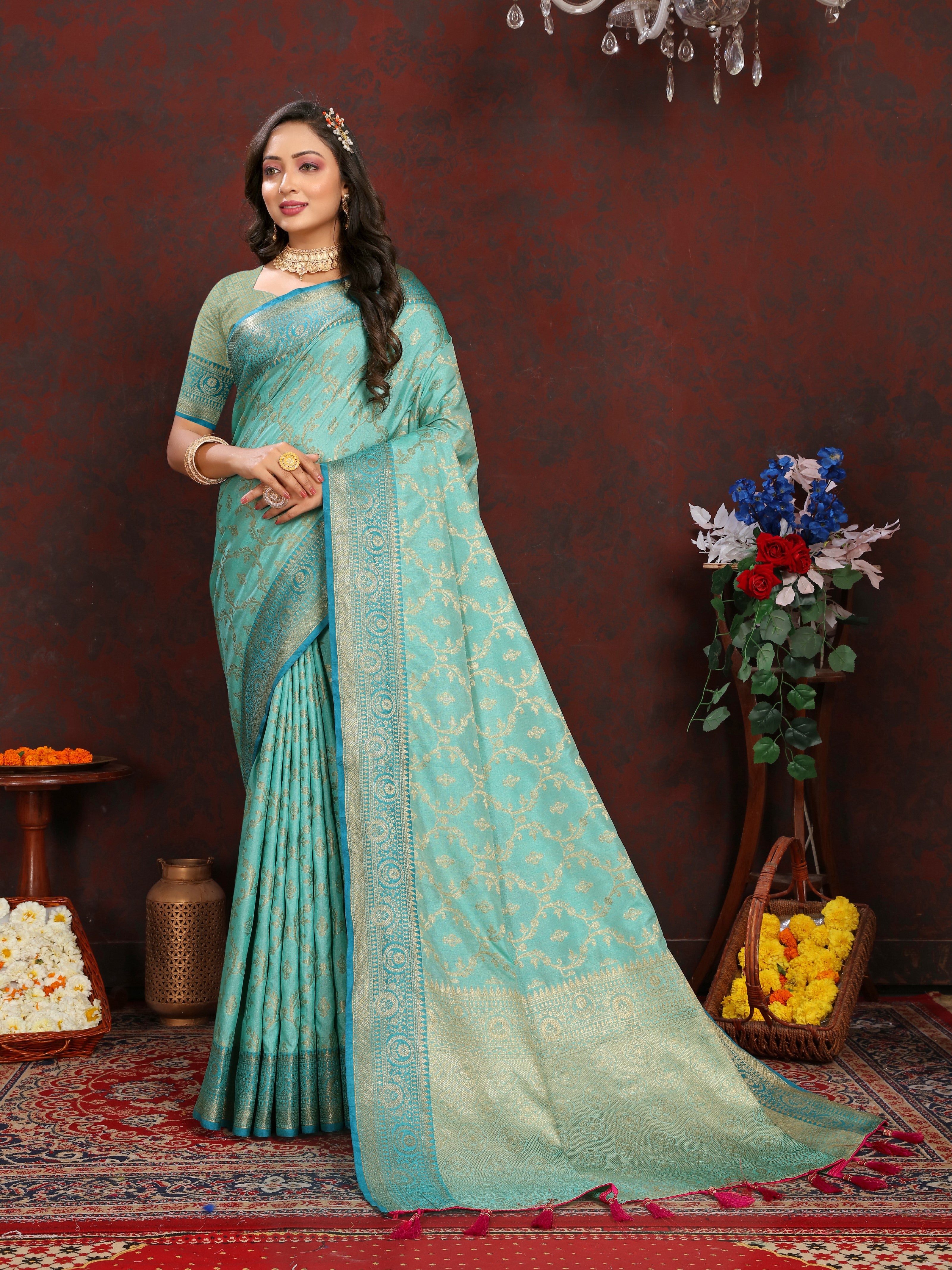 Vsaree Teal Silk Blend Saree With Flower Design Border And Blouse