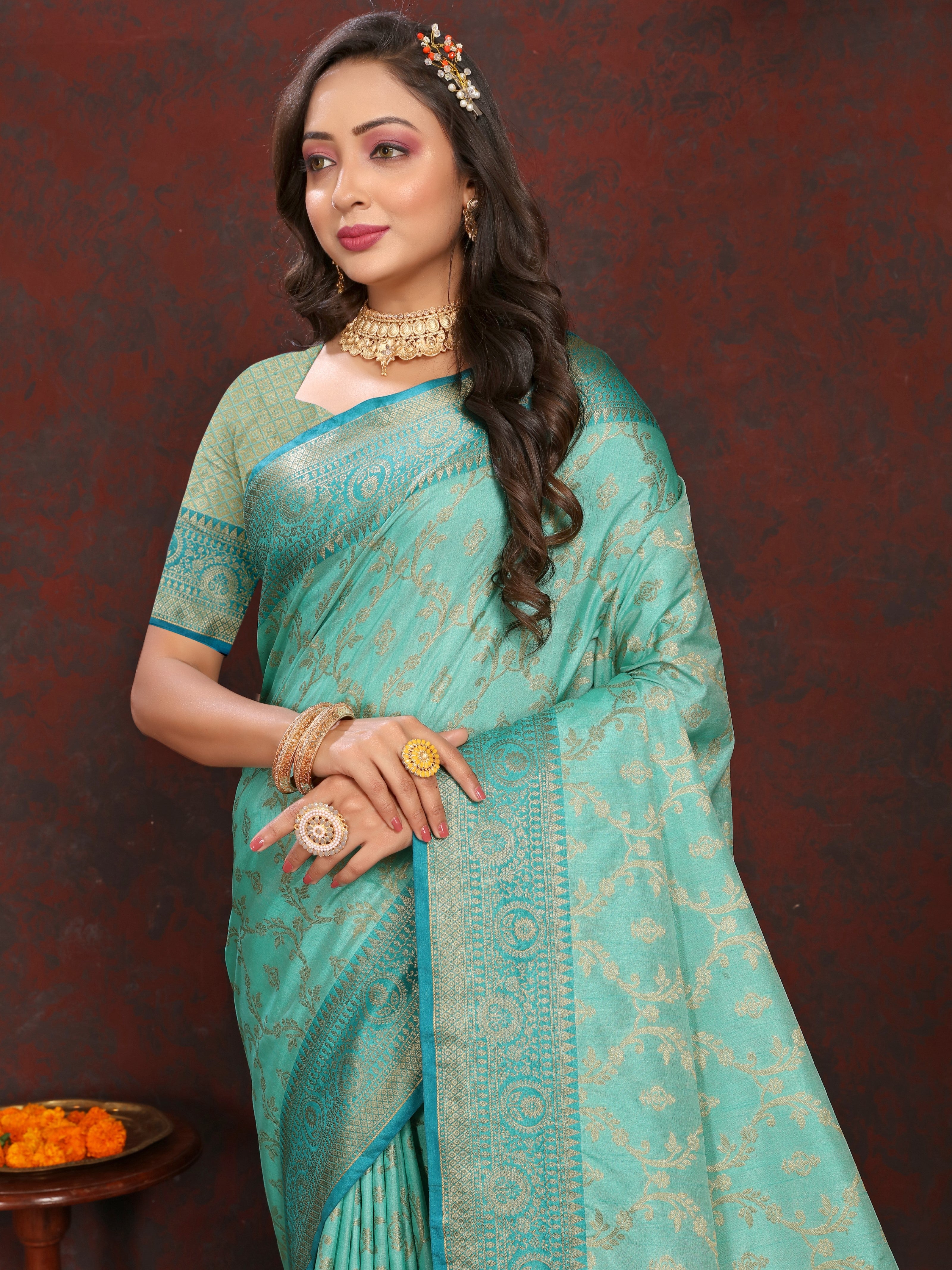 Vsaree Teal Silk Blend Saree With Flower Design Border And Blouse