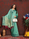 Vsaree Teal Silk Blend Saree With Flower Design Border And Blouse