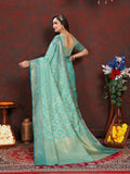 Vsaree Teal Silk Blend Saree With Flower Design Border And Blouse