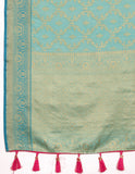 Vsaree Teal Silk Blend Saree With Flower Design Border And Blouse