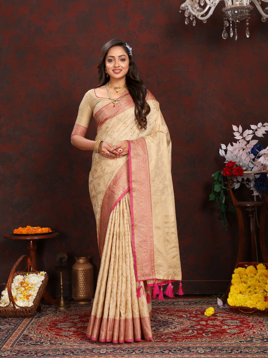 Vsaree Cream Silk Blend Saree With Flower Design Border And Blouse