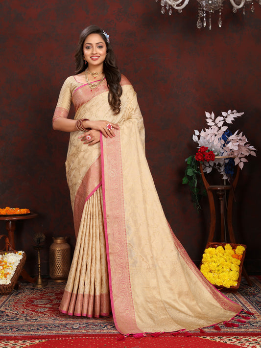 Vsaree Cream Silk Blend Saree With Flower Design Border And Blouse