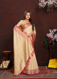 Vsaree Cream Silk Blend Saree With Flower Design Border And Blouse