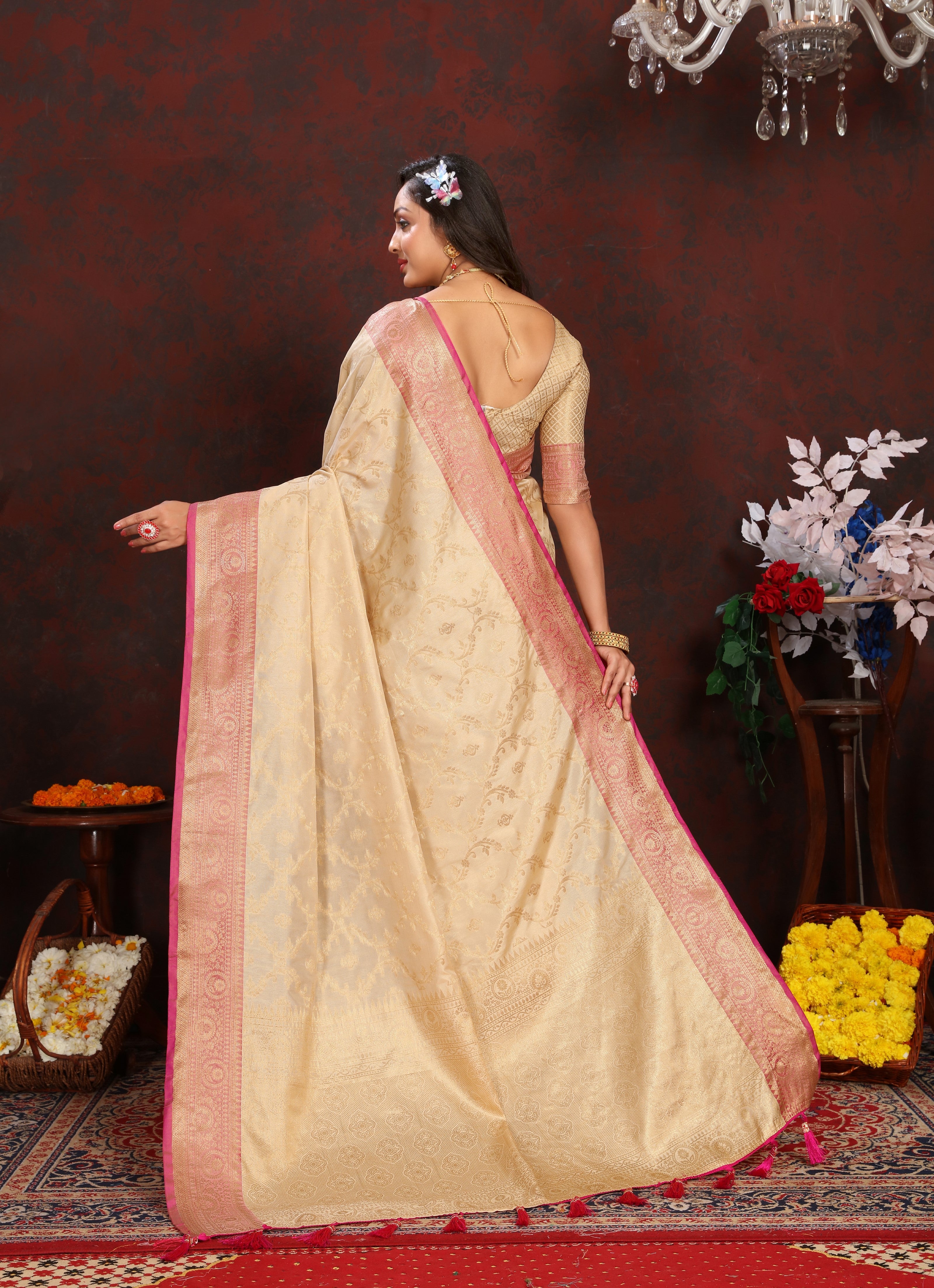 Vsaree Cream Silk Blend Saree With Flower Design Border And Blouse