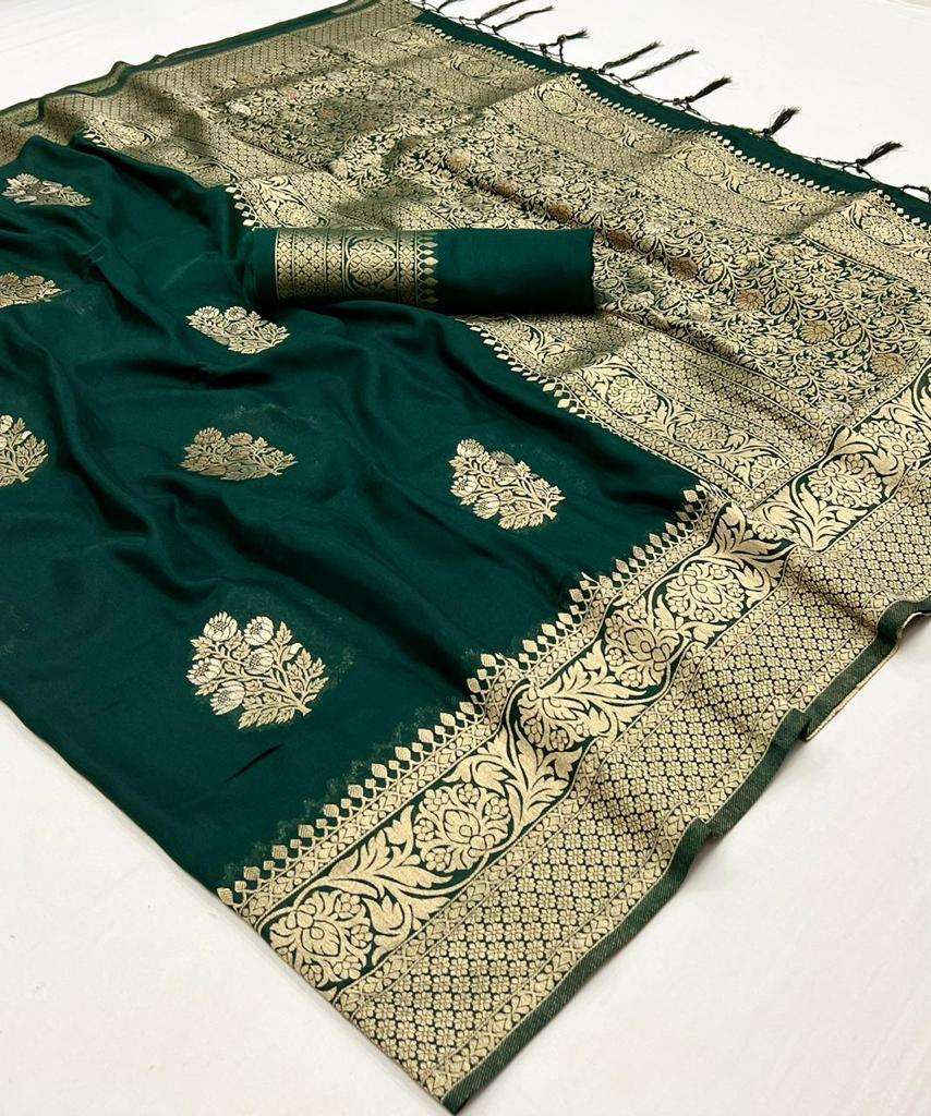 Vsaree Green Banarasi Khadi Silk Saree For Contrast Zari Weaving Borders And Blouse