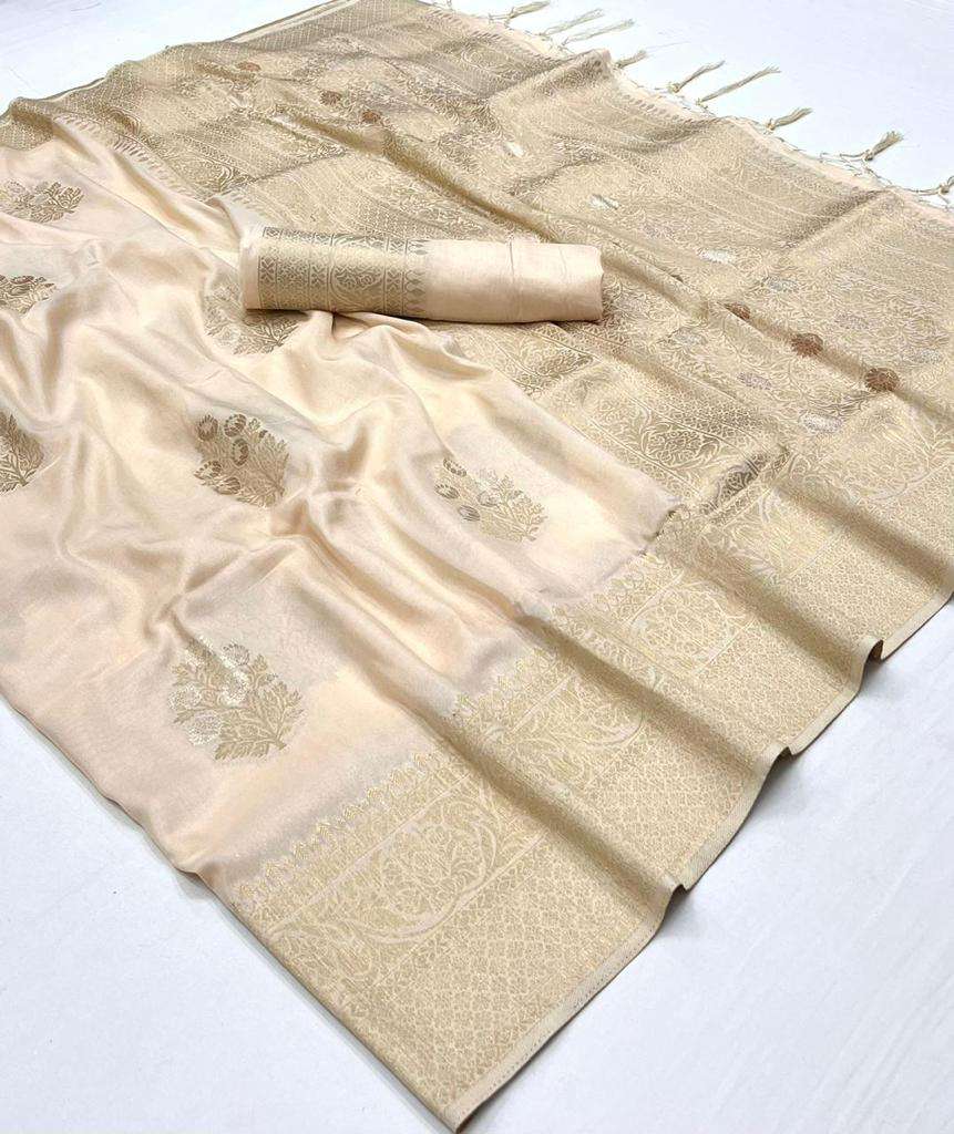 Vsaree Cream Banarasi Khadi Silk Saree For Contrast Zari Weaving Borders And Blouse