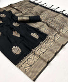 Vsaree Black Banarasi Khadi Silk Saree For Contrast Zari Weaving Borders And Blouse