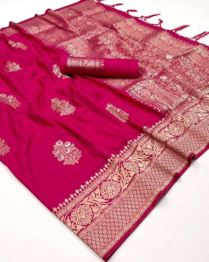 Vsaree Rani Pink Banarasi Khadi Silk Saree For Contrast Zari Weaving Borders And Blouse