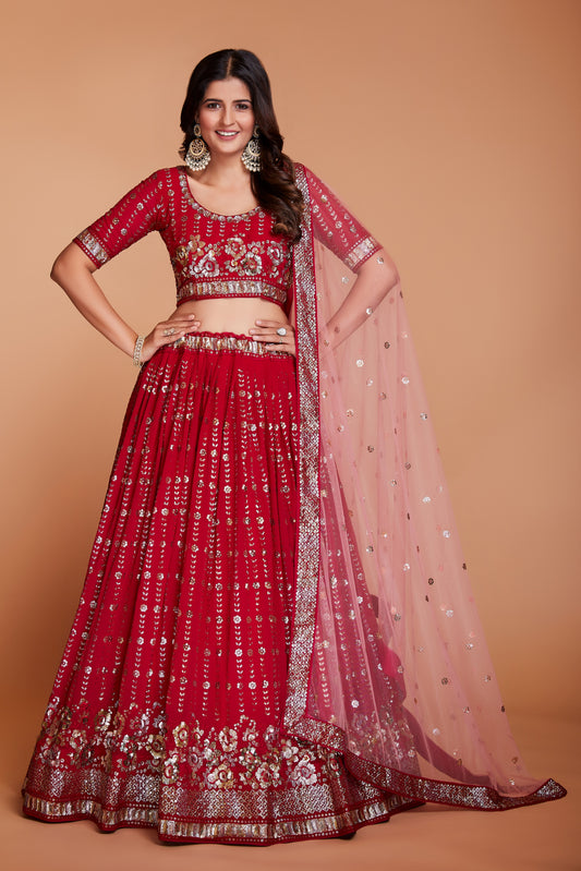 WOMEN'S RED GEORGETTE WITH SEQUINS AND EMBROIDERY WORK PARTY WEAR LEHENGA CHOLI