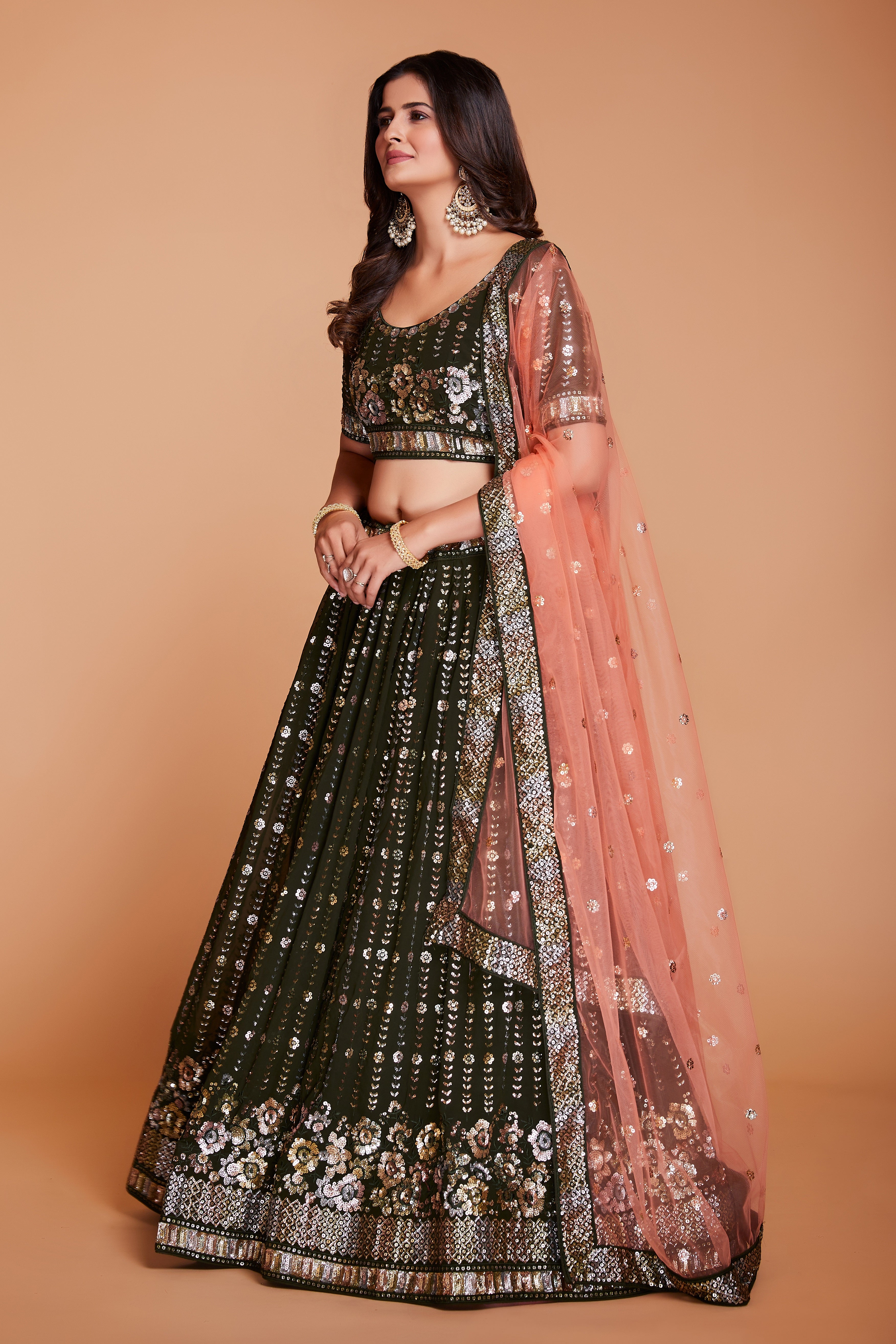 WOMEN'S GREEN GEORGETTE WITH SEQUINS AND EMBROIDERY WORK PARTY WEAR LEHENGA CHOLI