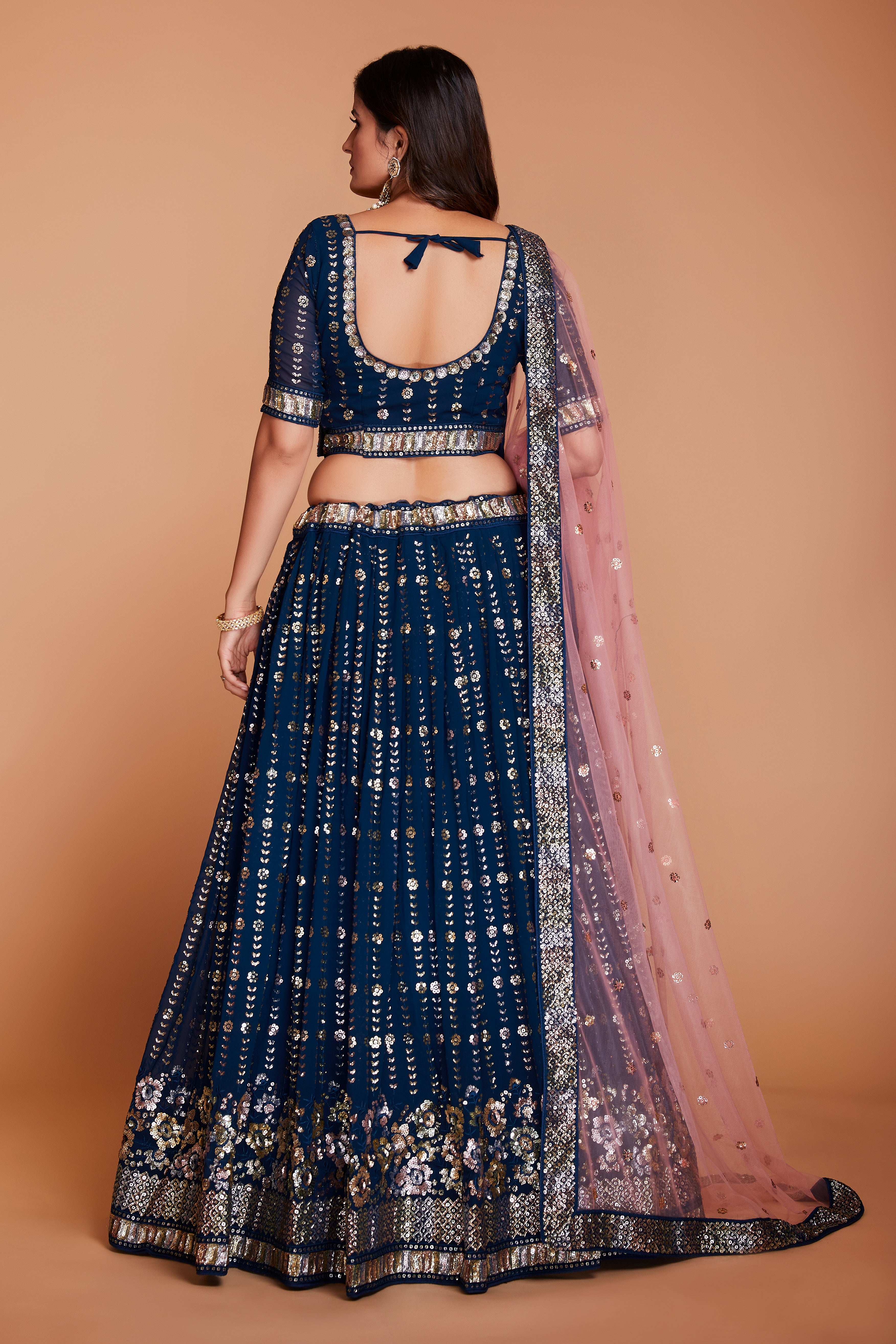 WOMEN'S BLUE GEORGETTE WITH SEQUINS AND EMBROIDERY WORK PARTY WEAR LEHENGA CHOLI