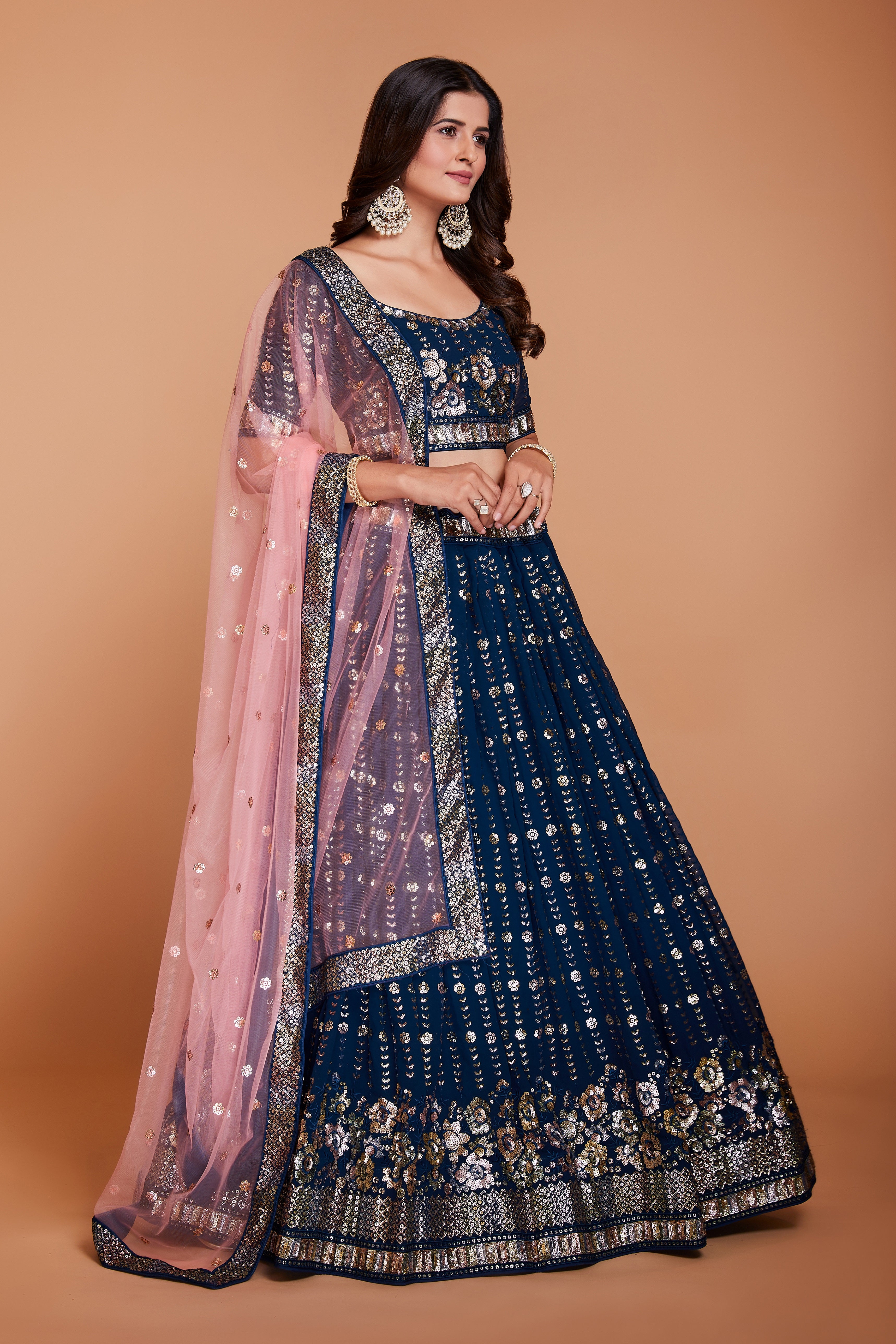 WOMEN'S BLUE GEORGETTE WITH SEQUINS AND EMBROIDERY WORK PARTY WEAR LEHENGA CHOLI