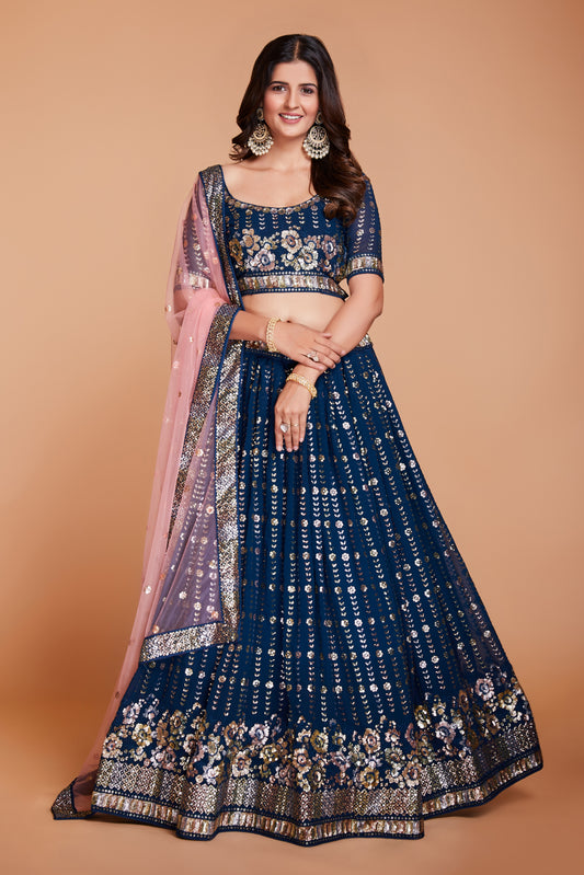 WOMEN'S BLUE GEORGETTE WITH SEQUINS AND EMBROIDERY WORK PARTY WEAR LEHENGA CHOLI