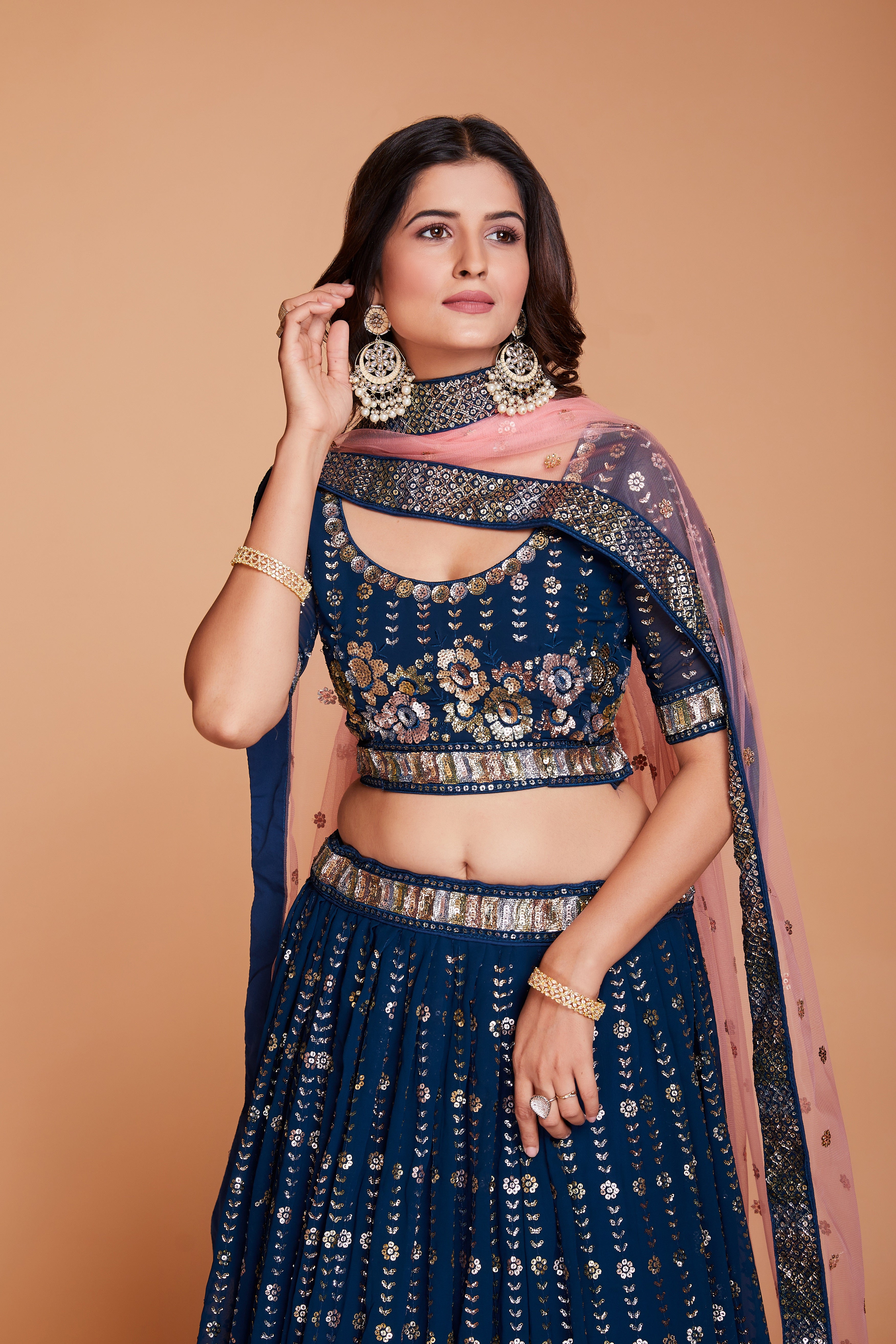 WOMEN'S BLUE GEORGETTE WITH SEQUINS AND EMBROIDERY WORK PARTY WEAR LEHENGA CHOLI