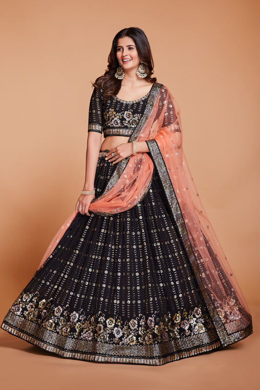 WOMEN'S BLACK GEORGETTE WITH SEQUINS AND EMBROIDERY WORK PARTY WEAR LEHENGA CHOLI