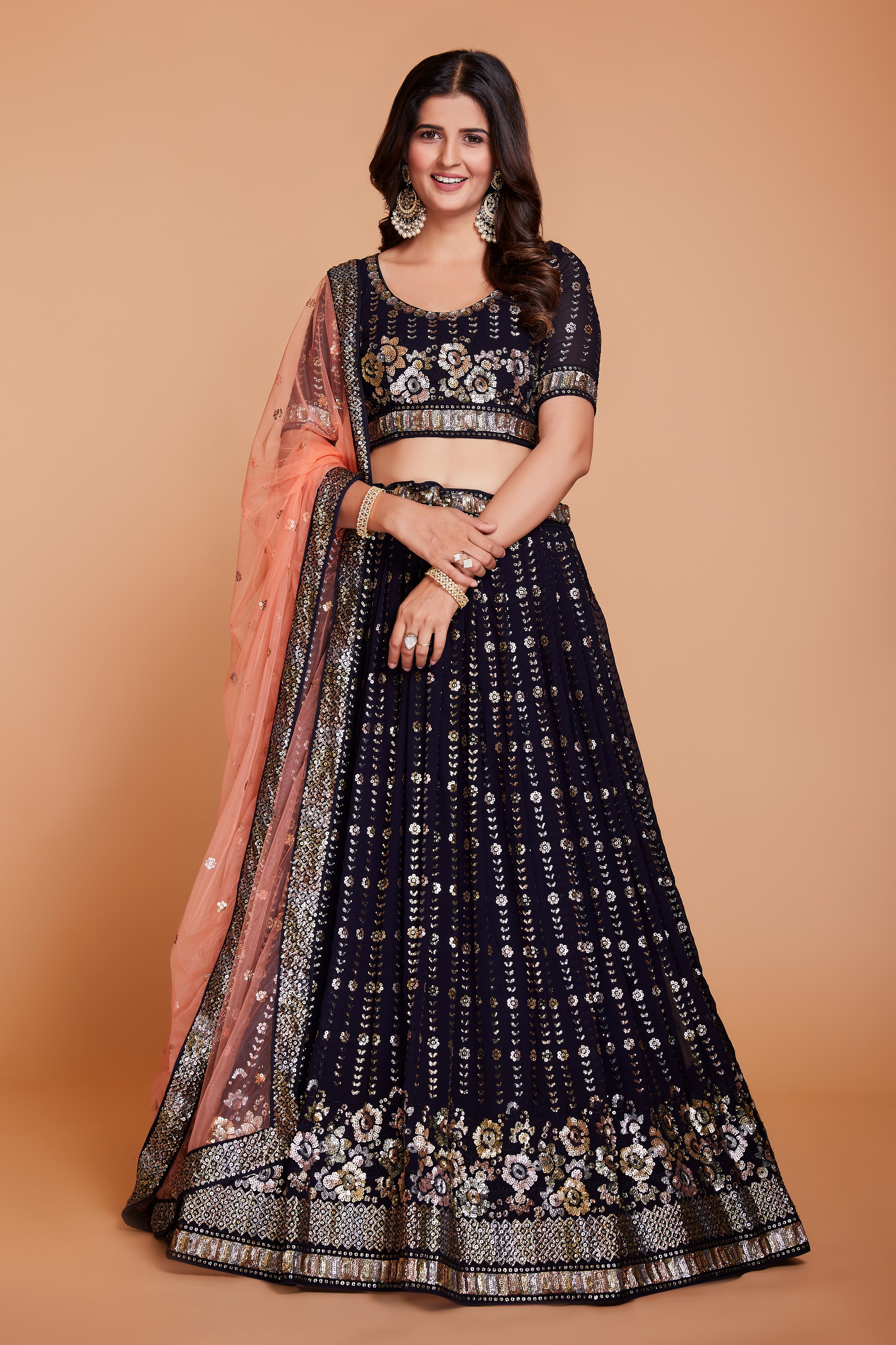 WOMEN'S DARK BLUE GEORGETTE WITH SEQUINS AND EMBROIDERY WORK PARTY WEAR LEHENGA CHOLI