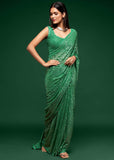 Pakistani Green Thread And multi Sequins embroiderd Georette Designer Saree With Blouse