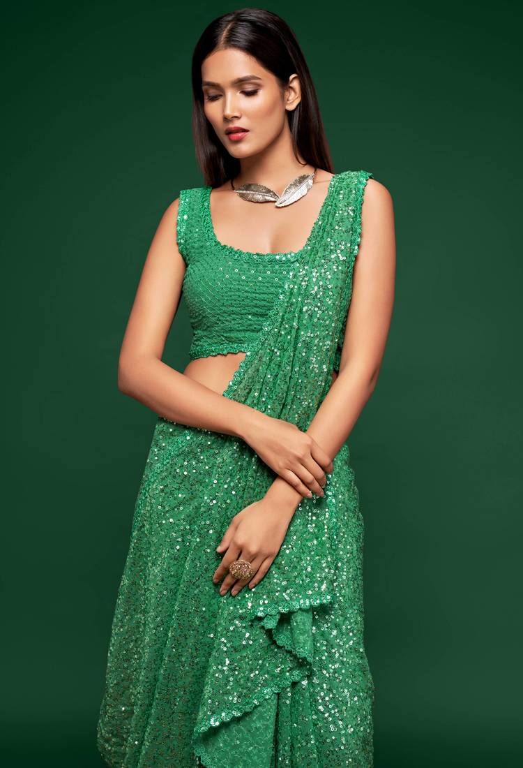 Pakistani Green Thread And multi Sequins embroiderd Georette Designer Saree With Blouse