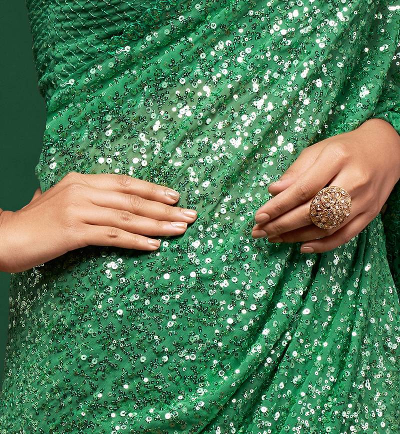 Pakistani Green Thread And multi Sequins embroiderd Georette Designer Saree With Blouse