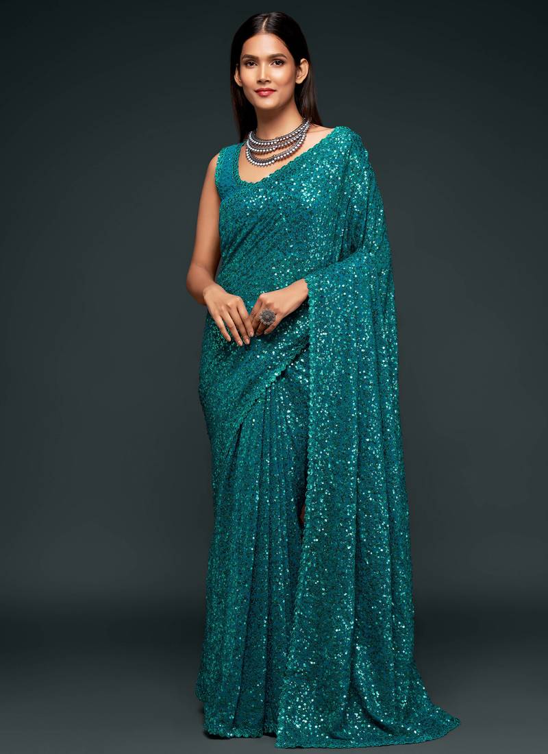 Sky Blue Thread And Multi Sequins embroiderd Georette Designer Saree With Fancy Blouse