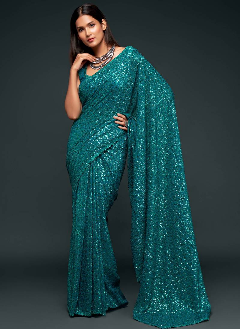 Sky Blue Thread And Multi Sequins embroiderd Georette Designer Saree With Fancy Blouse