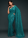 Sky Blue Thread And Multi Sequins embroiderd Georette Designer Saree With Fancy Blouse