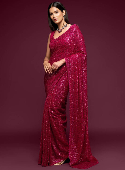 Beet Pink Thread And Multi Sequins embroiderd Georette Designer Saree With Fancy Blouse