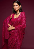 Beet Pink Thread And Multi Sequins embroiderd Georette Designer Saree With Fancy Blouse