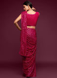 Beet Pink Thread And Multi Sequins embroiderd Georette Designer Saree With Fancy Blouse