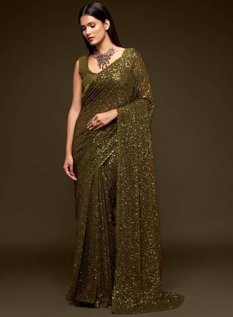 Mahendi Green Thread And Multi Sequins embroiderd Georette Designer Saree With Fancy Blouse