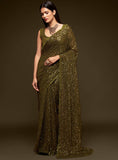 Mahendi Green Thread And Multi Sequins embroiderd Georette Designer Saree With Fancy Blouse