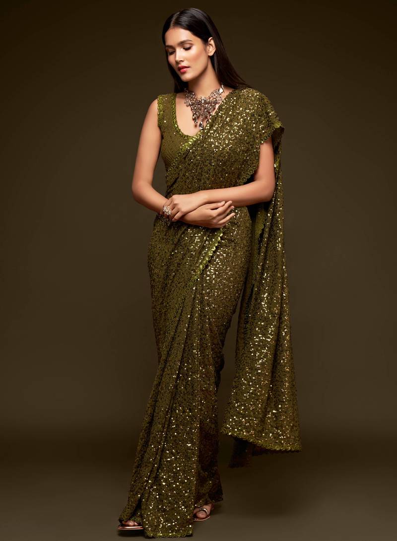 Mahendi Green Thread And Multi Sequins embroiderd Georette Designer Saree With Fancy Blouse