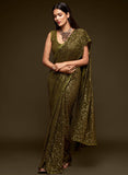 Mahendi Green Thread And Multi Sequins embroiderd Georette Designer Saree With Fancy Blouse