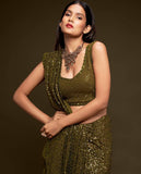 Mahendi Green Thread And Multi Sequins embroiderd Georette Designer Saree With Fancy Blouse