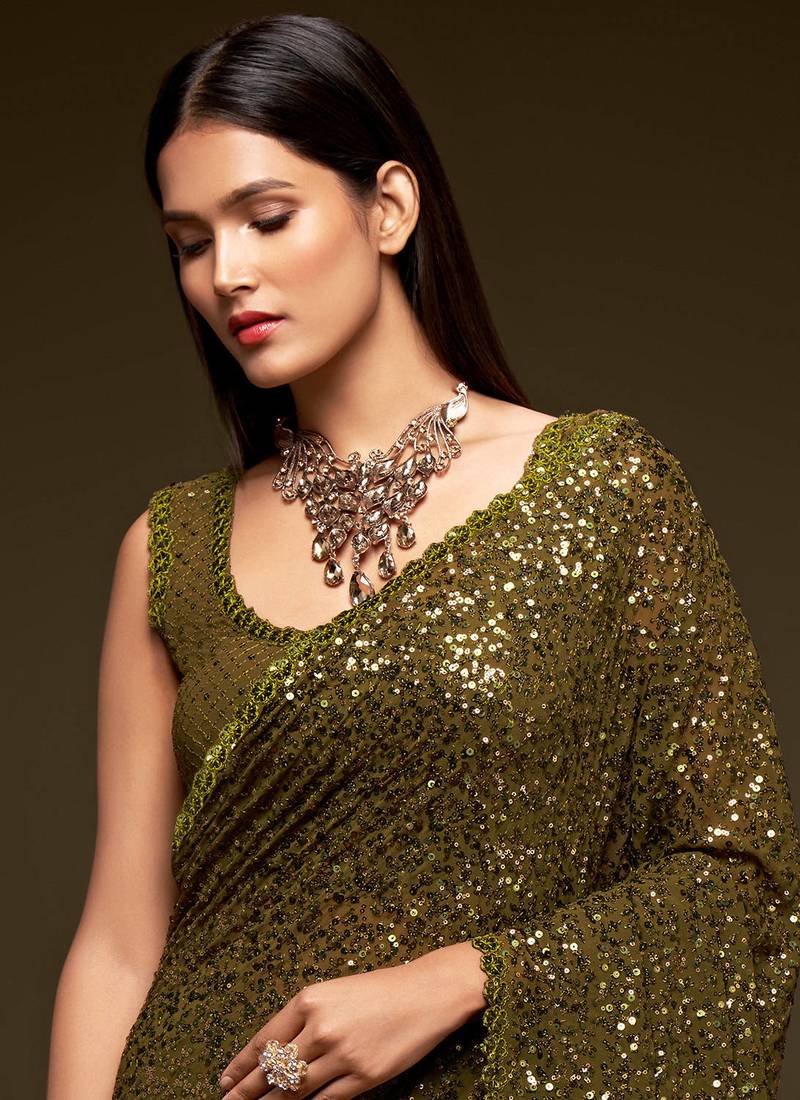 Mahendi Green Thread And Multi Sequins embroiderd Georette Designer Saree With Fancy Blouse