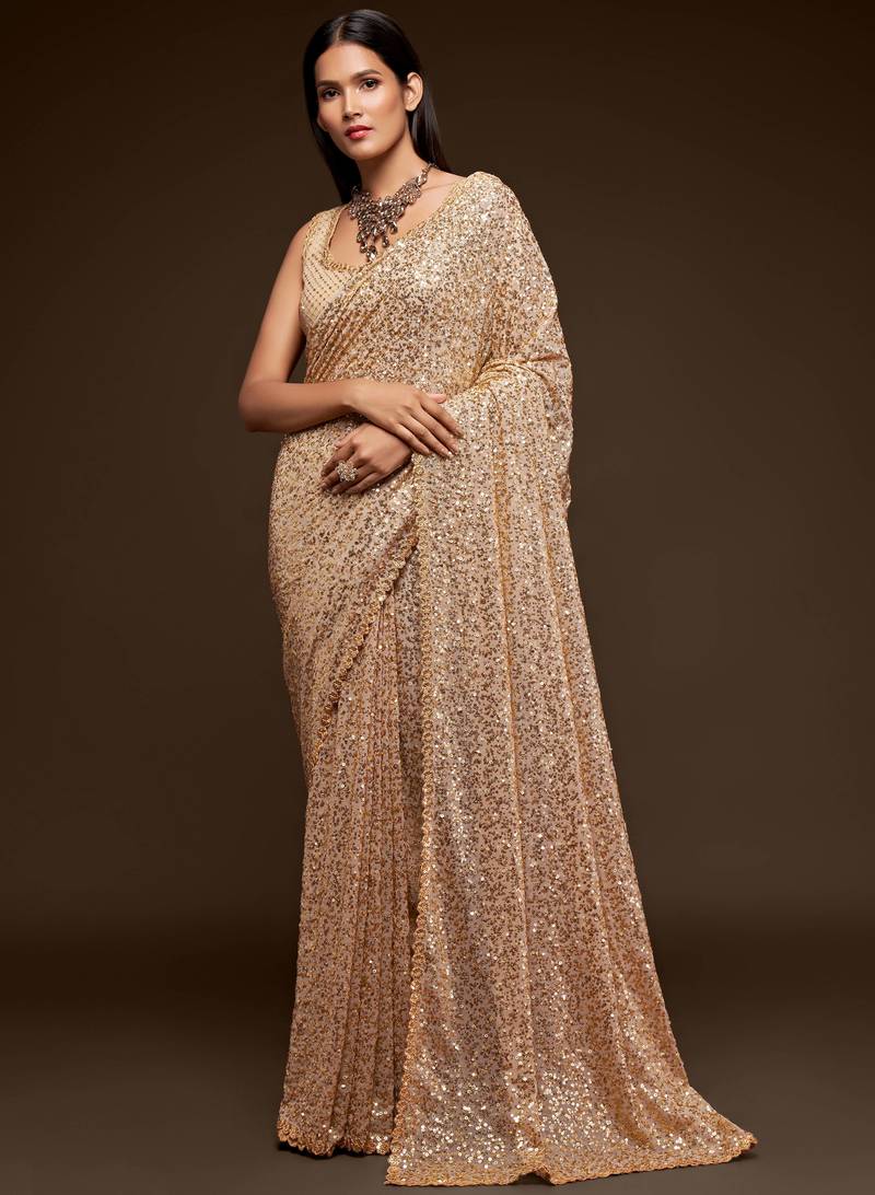 Golden Thread And Multi Sequins embroiderd Georette Designer Saree With Fancy Blouse