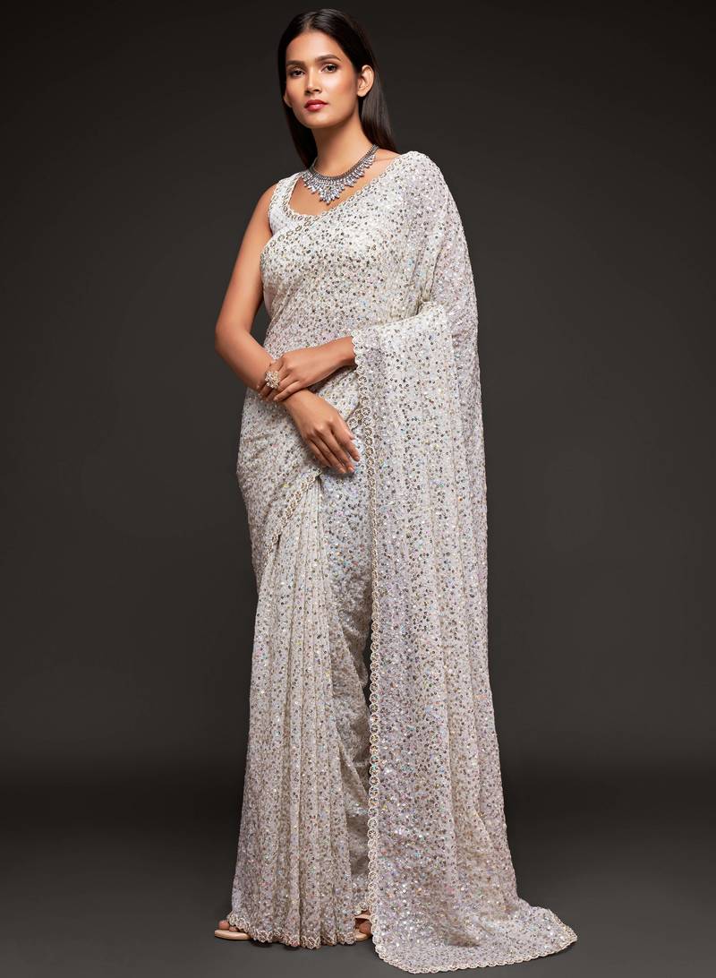 Off White Thread And Multi Sequins embroiderd Georette Designer Saree With Fancy Blouse