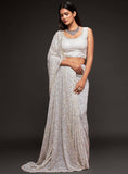 Off White Thread And Multi Sequins embroiderd Georette Designer Saree With Fancy Blouse