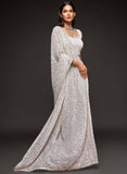 Off White Thread And Multi Sequins embroiderd Georette Designer Saree With Fancy Blouse