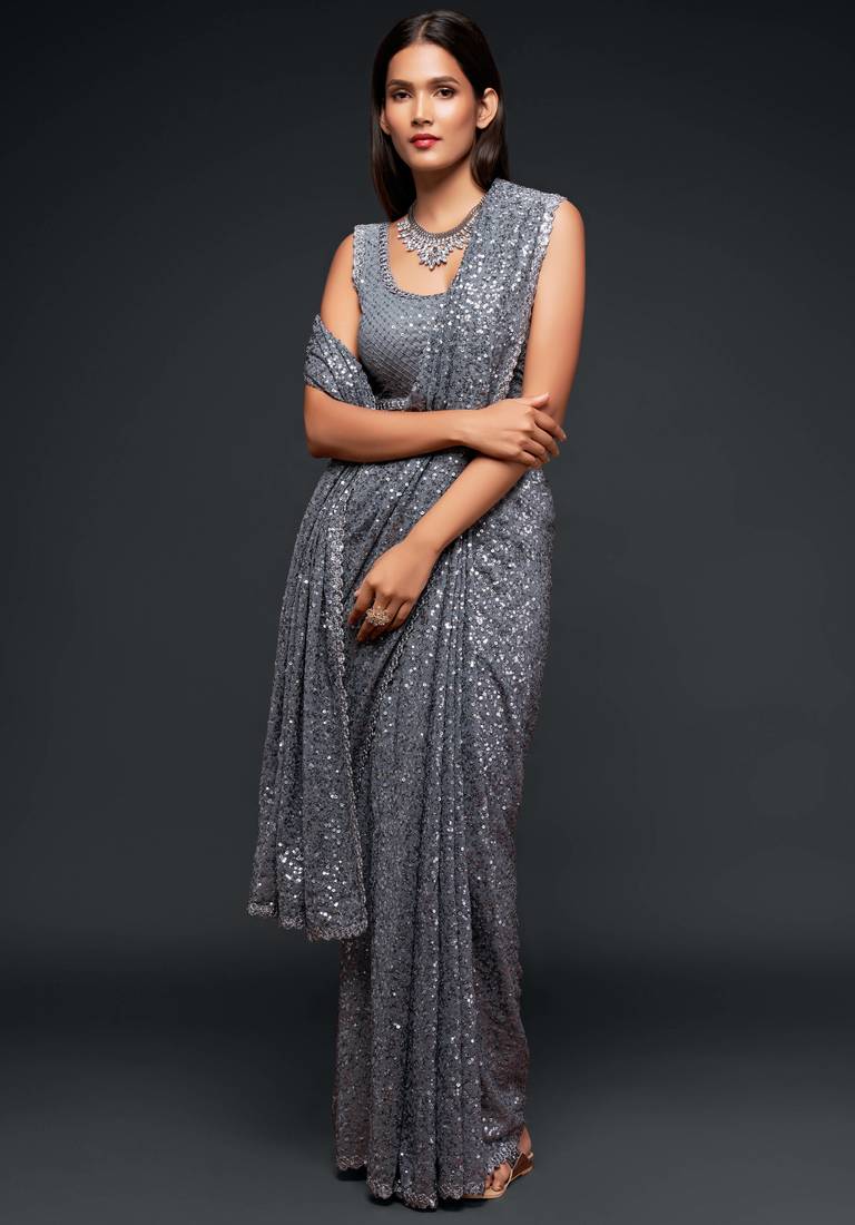 GreyThread And Multi Sequins embroiderd Georette Designer Saree With Fancy Blouse