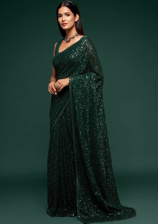 Bottol Green Thread And multi Sequins embroiderd Georette Designer Saree With Blouse