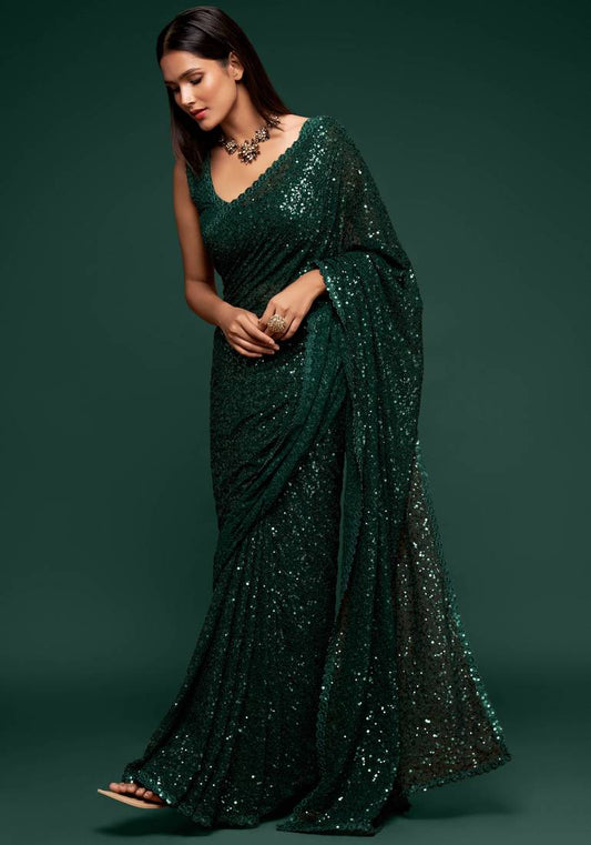 Bottol Green Thread And multi Sequins embroiderd Georette Designer Saree With Blouse