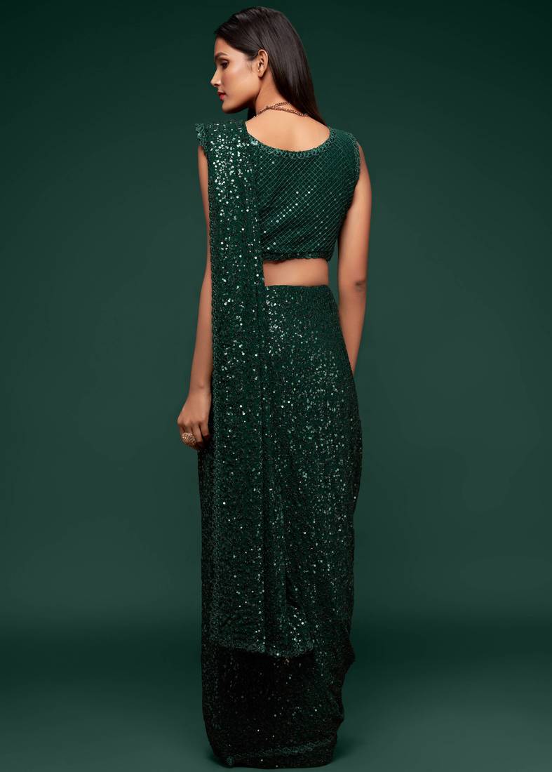 Bottol Green Thread And multi Sequins embroiderd Georette Designer Saree With Blouse