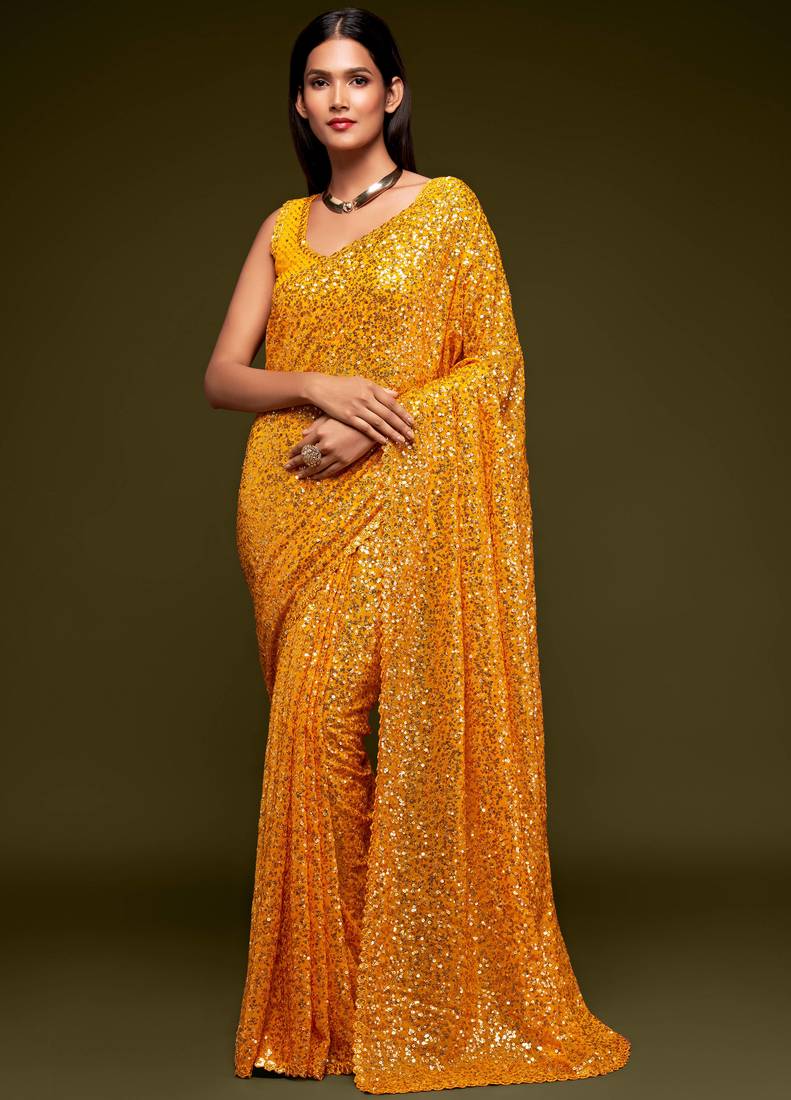 Yellow Thread And Multi Sequins embroiderd Georette Designer Saree With Fancy Blouse